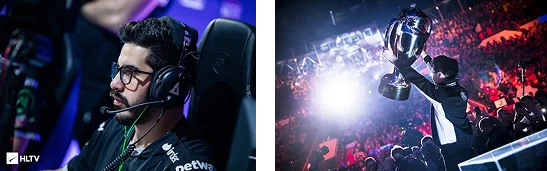 gracz esportowy w okularach i słuchawkach skupiony podczas rozgrywki. zawodnik esportowy podnoszący trofeum na scenie przed publicznością.